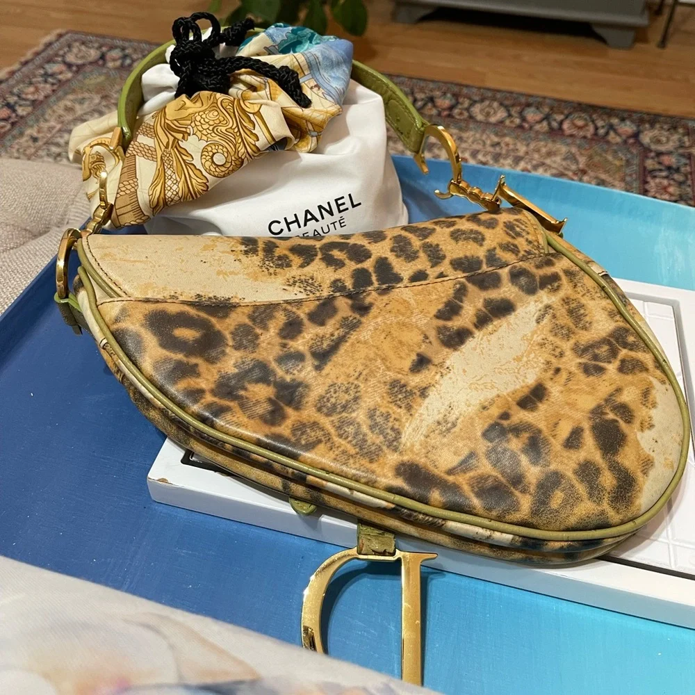 Dior Canvas & Ostrich Leather Leopard Print Saddle Bag - Picture 5 of 17